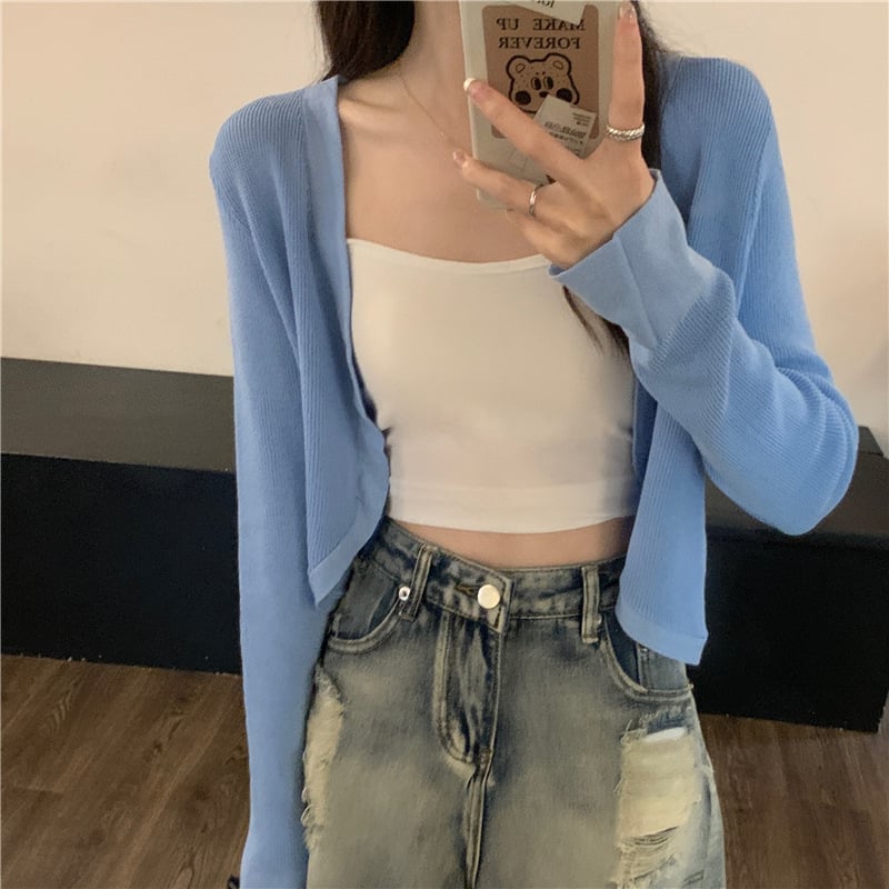 Женски къс плетен кардиган с дълги ръкави от акрил