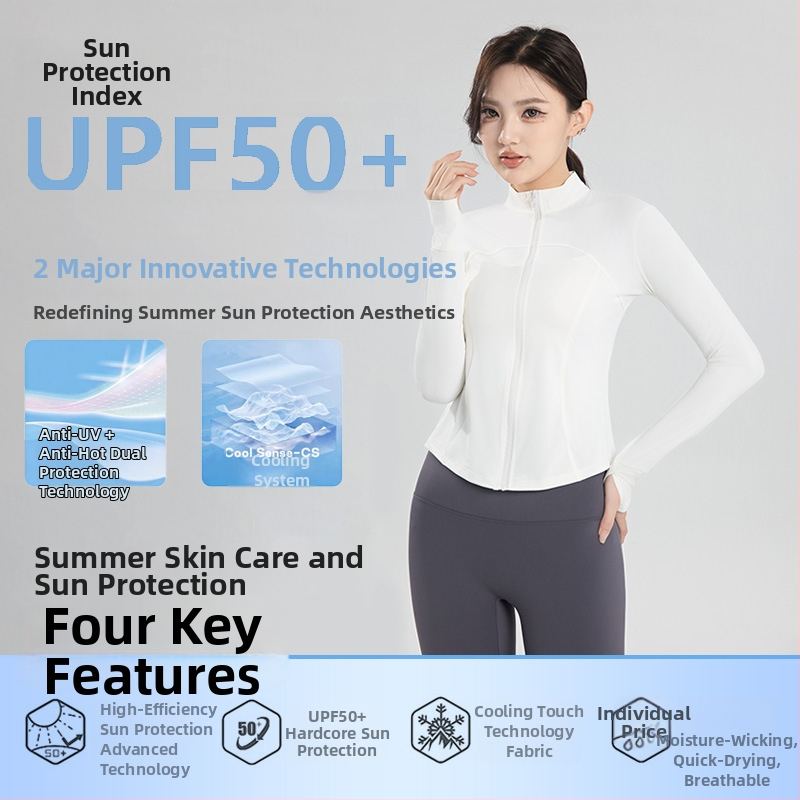 Йога спортно яке с яка, Slim-Fit, UV защита, смес на нейлон и спандекс, дълги ръкави, цип, UPF50+, пролет-лято 2025