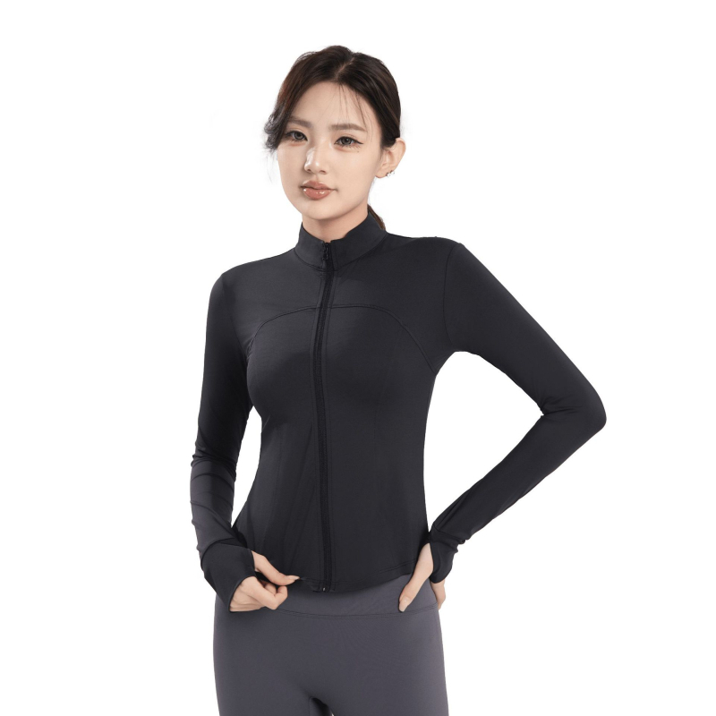 Йога спортно яке с яка, Slim-Fit, UV защита, смес на нейлон и спандекс, дълги ръкави, цип, UPF50+, пролет-лято 2025