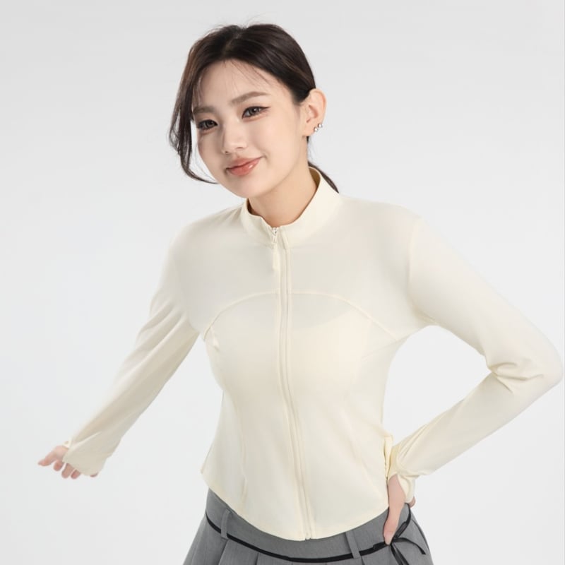 Йога спортно яке с яка, Slim-Fit, UV защита, смес на нейлон и спандекс, дълги ръкави, цип, UPF50+, пролет-лято 2025