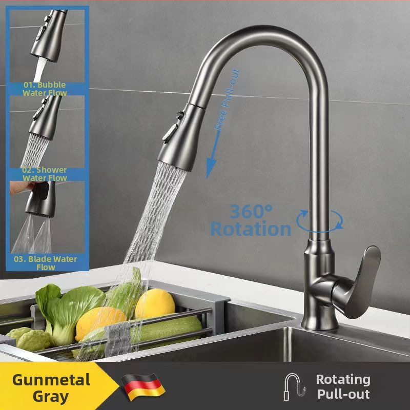 Kuhinjski slavina s izvlačnim, okretni, bakrena legura, keramički jezgra ventila, model MYBT-7117, 0–90 °C