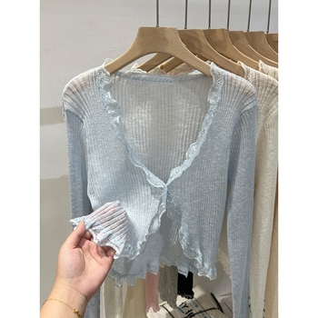 Кардиган с V-образно деколте, Ice-Silk плетен, лек летен външен слой, дълги ръкави, свободна кройка, солиден модел, без закопчаване