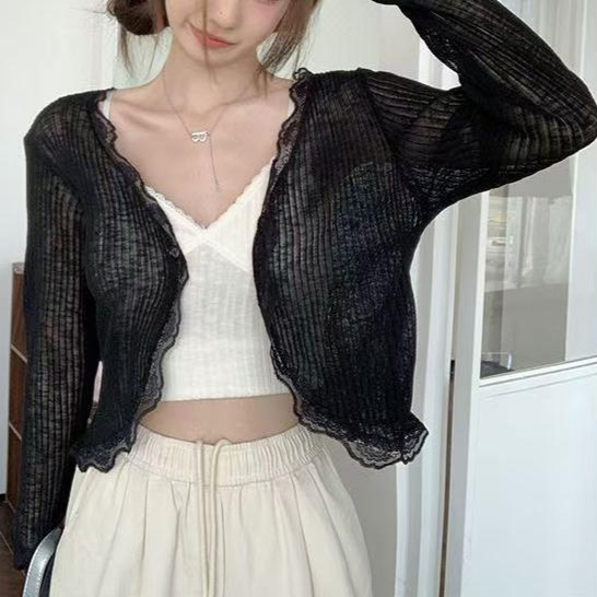 Кардиган с V-образно деколте, Ice-Silk плетен, лек летен външен слой, дълги ръкави, свободна кройка, солиден модел, без закопчаване