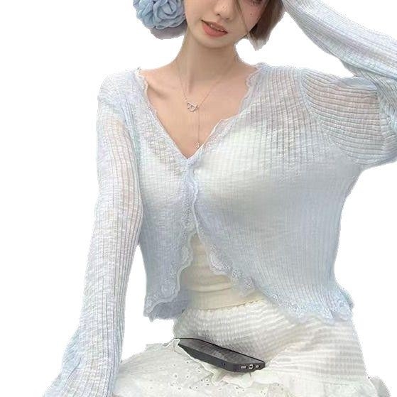 Кардиган с V-образно деколте, Ice-Silk плетен, лек летен външен слой, дълги ръкави, свободна кройка, солиден модел, без закопчаване