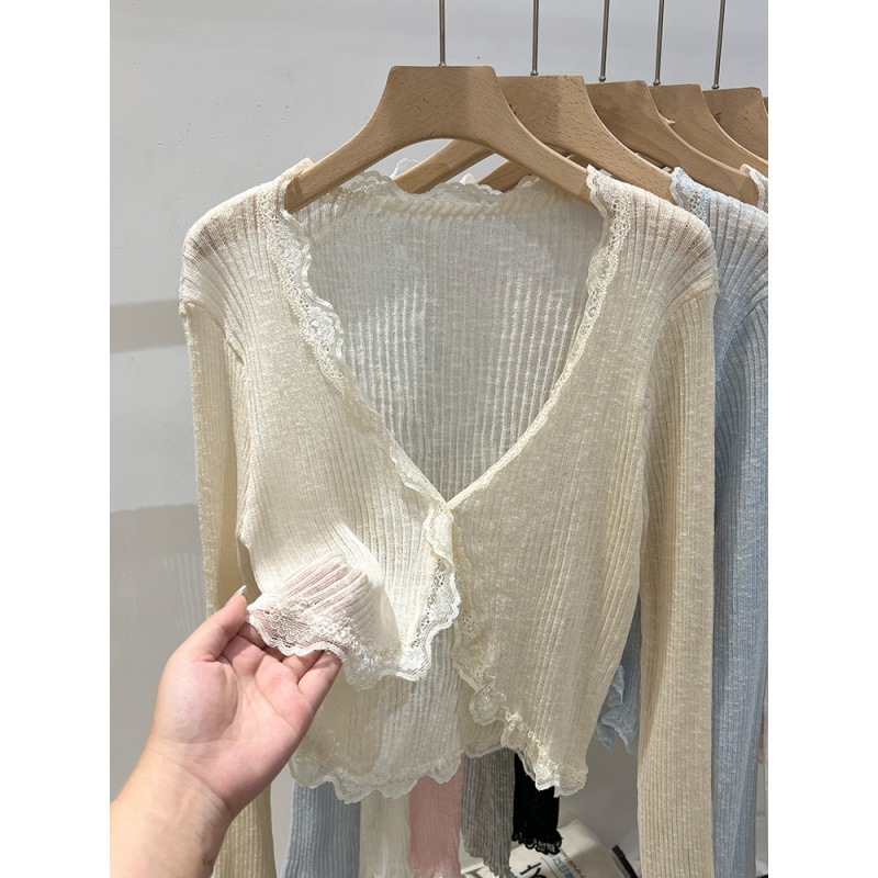 Кардиган с V-образно деколте, Ice-Silk плетен, лек летен външен слой, дълги ръкави, свободна кройка, солиден модел, без закопчаване