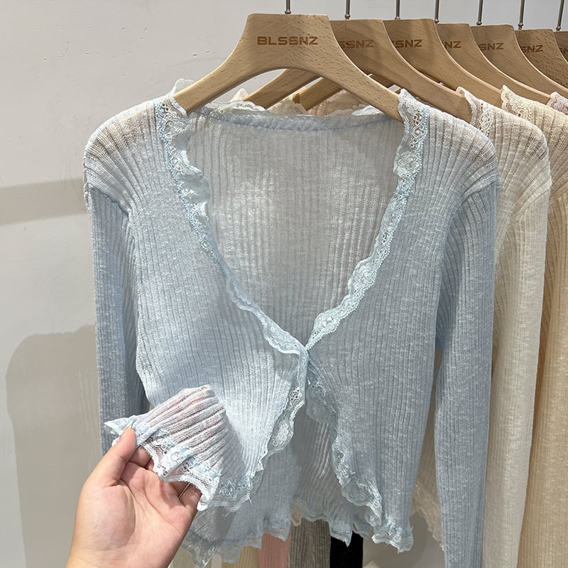 Кардиган с V-образно деколте, Ice-Silk плетен, лек летен външен слой, дълги ръкави, свободна кройка, солиден модел, без закопчаване