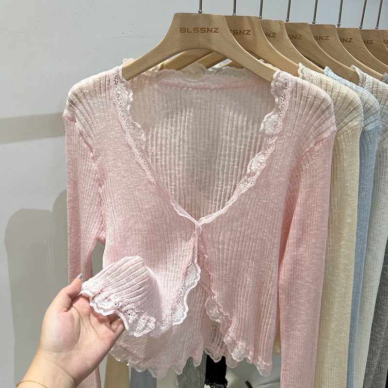 Кардиган с V-образно деколте, Ice-Silk плетен, лек летен външен слой, дълги ръкави, свободна кройка, солиден модел, без закопчаване