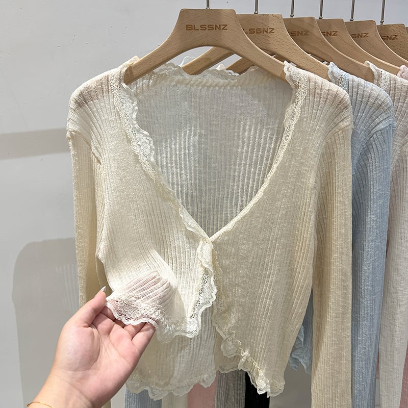 Кардиган с V-образно деколте, Ice-Silk плетен, лек летен външен слой, дълги ръкави, свободна кройка, солиден модел, без закопчаване