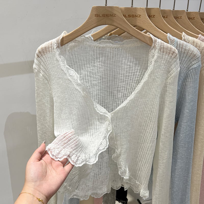 Кардиган с V-образно деколте, Ice-Silk плетен, лек летен външен слой, дълги ръкави, свободна кройка, солиден модел, без закопчаване