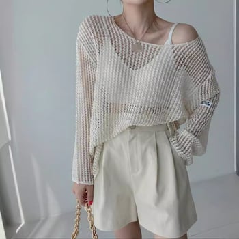 Женска полиестерна пуловер-блуза в корейски стил, дълги ръкави, нормална дължина, тънка прозрачна мрежеста текстура