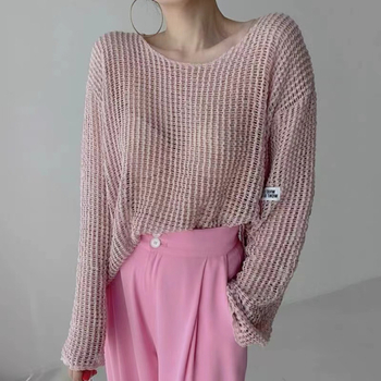 Женска полиестерна пуловер-блуза в корейски стил, дълги ръкави, нормална дължина, тънка прозрачна мрежеста текстура