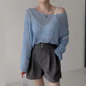 Женска полиестерна пуловер-блуза в корейски стил, дълги ръкави, нормална дължина, тънка прозрачна мрежеста текстура