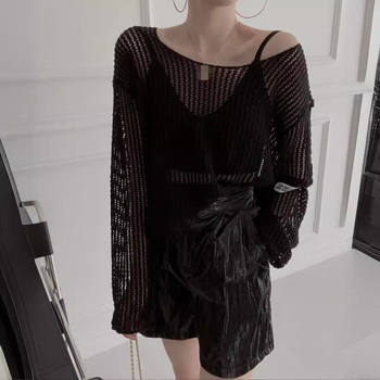 Женска полиестерна пуловер-блуза в корейски стил, дълги ръкави, нормална дължина, тънка прозрачна мрежеста текстура