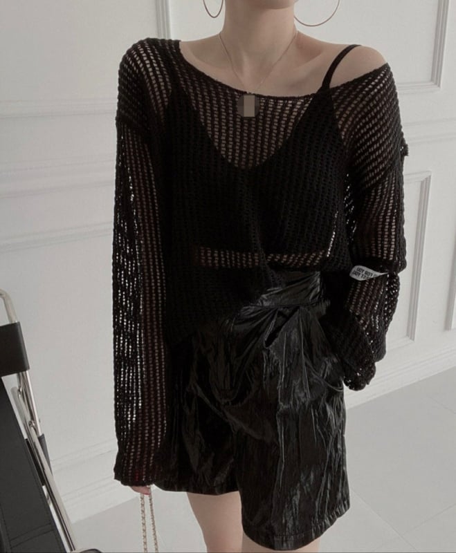 Женска полиестерна пуловер-блуза в корейски стил, дълги ръкави, нормална дължина, тънка прозрачна мрежеста текстура