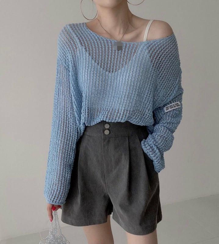 Женска полиестерна пуловер-блуза в корейски стил, дълги ръкави, нормална дължина, тънка прозрачна мрежеста текстура