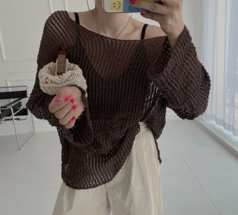 Женска полиестерна пуловер-блуза в корейски стил, дълги ръкави, нормална дължина, тънка прозрачна мрежеста текстура