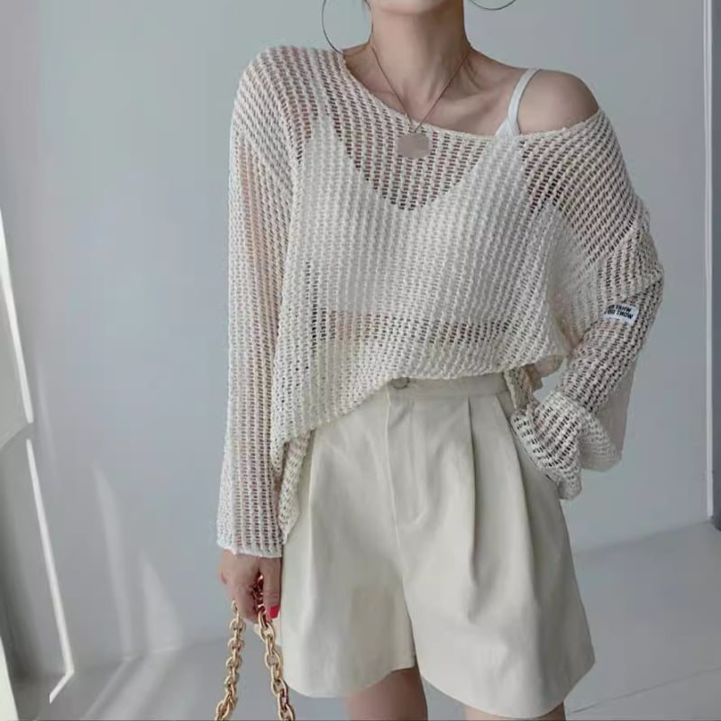 Женска полиестерна пуловер-блуза в корейски стил, дълги ръкави, нормална дължина, тънка прозрачна мрежеста текстура