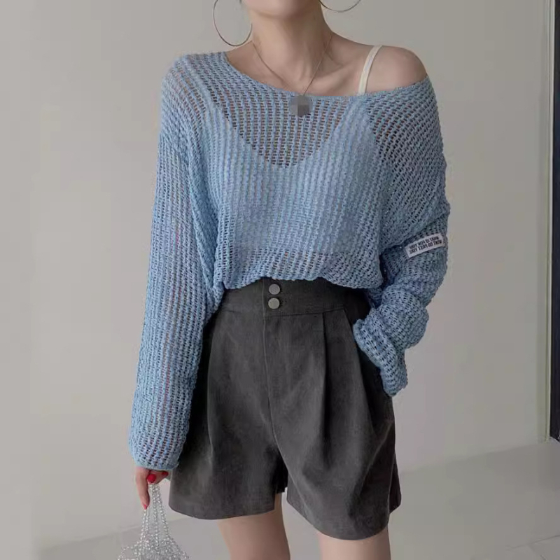 Женска полиестерна пуловер-блуза в корейски стил, дълги ръкави, нормална дължина, тънка прозрачна мрежеста текстура