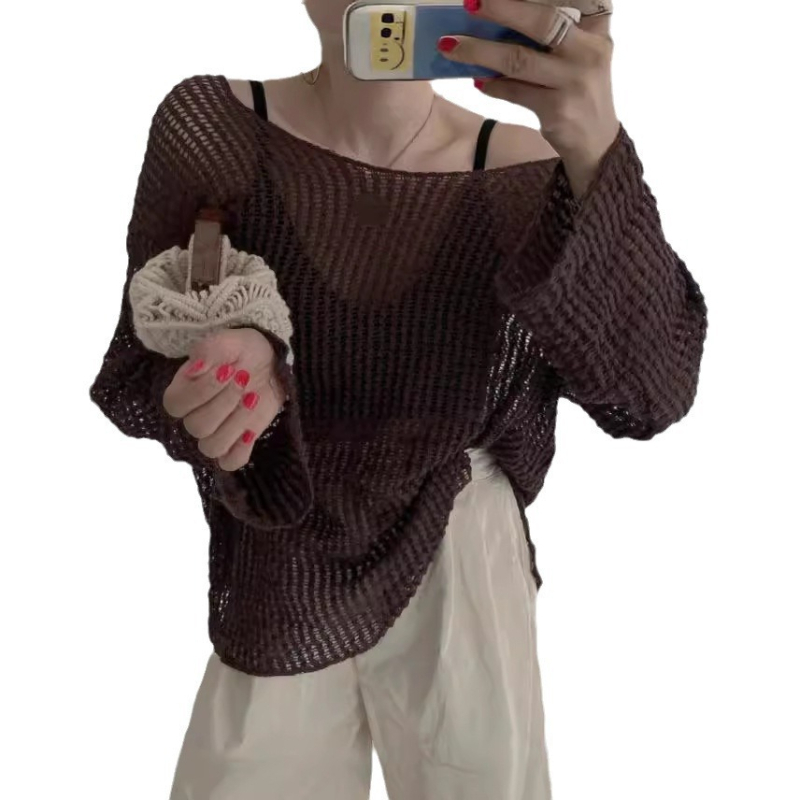 Женска полиестерна пуловер-блуза в корейски стил, дълги ръкави, нормална дължина, тънка прозрачна мрежеста текстура