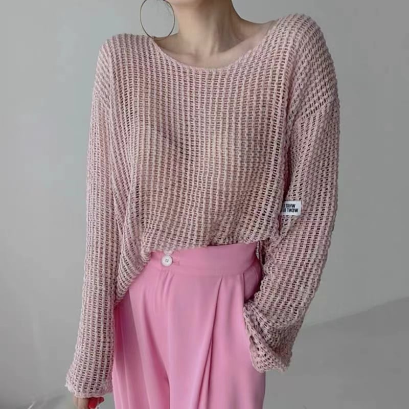 Женска полиестерна пуловер-блуза в корейски стил, дълги ръкави, нормална дължина, тънка прозрачна мрежеста текстура