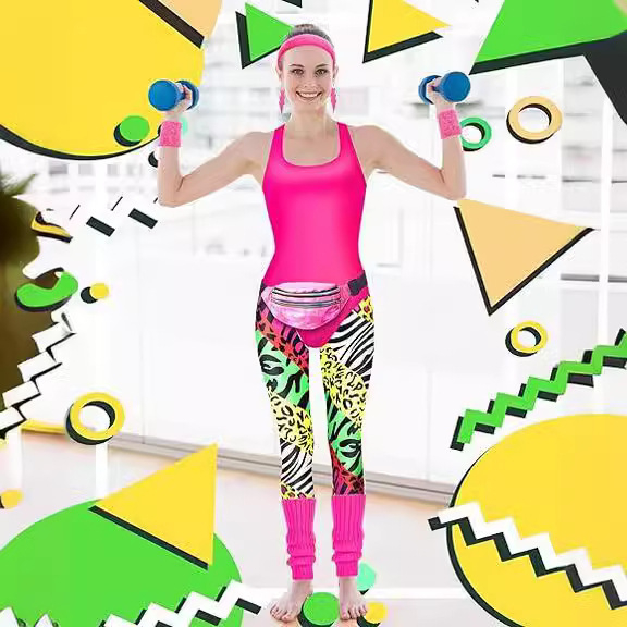 7 részes uniszex színpadi jelmez a 1980-as évek parti és táncelőadásokhoz, tej-selyem és poliészter anyag, 2023 tavasz