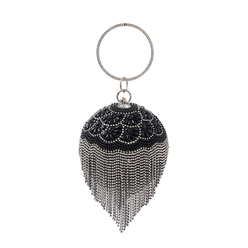 Večernja clutch torbica s resom, okrugli metalni dizajn, magnetsko zatvaranje, poliester podstava, unutarnji džep s zipom, džep za telefon i ID