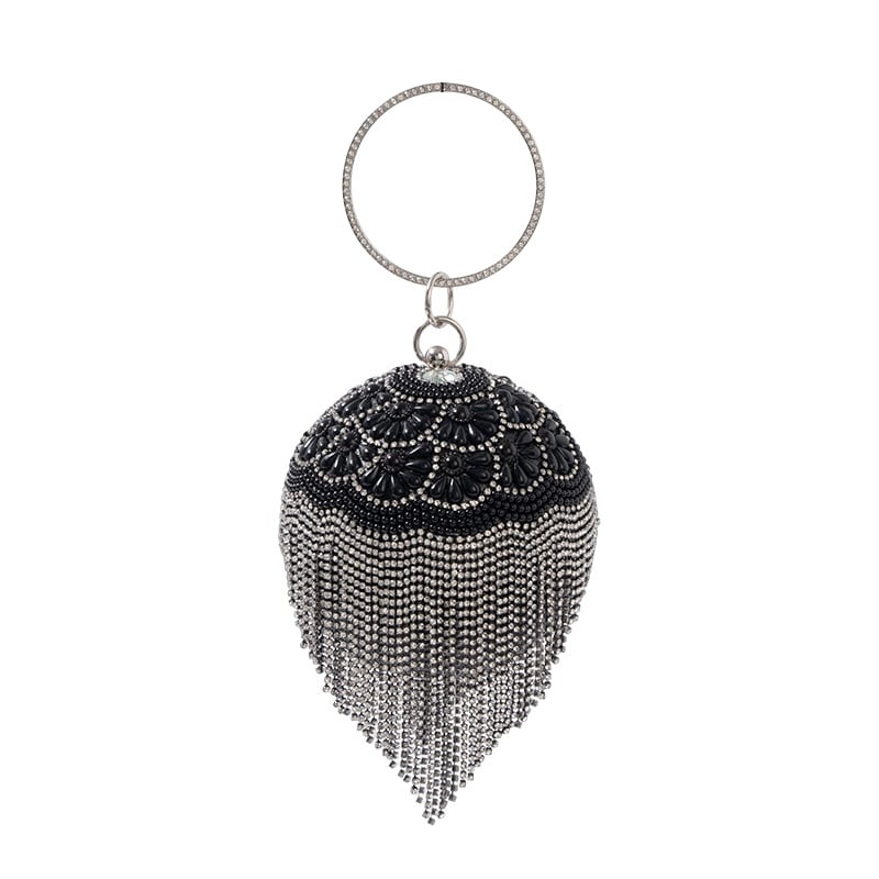 Večernja clutch torbica s resom, okrugli metalni dizajn, magnetsko zatvaranje, poliester podstava, unutarnji džep s zipom, džep za telefon i ID