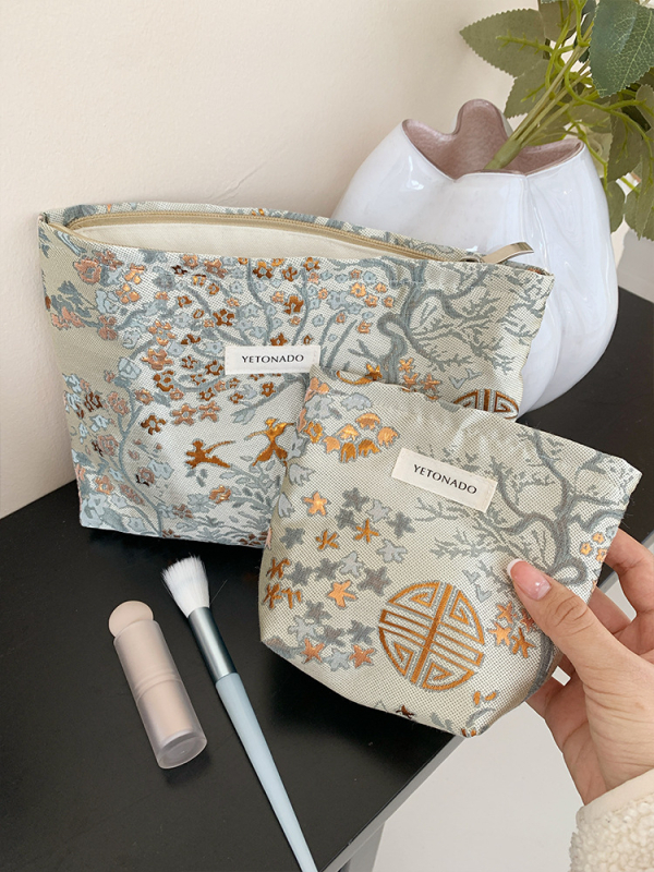 YETONADO Nagy kapacitású kozmetikai táska nemzeti stílusú virágmintával, poliészter külső, vászon bélés, hordozható utazáshoz nőknek
