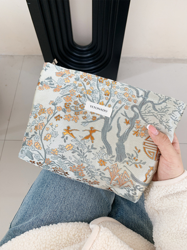 YETONADO Nagy kapacitású kozmetikai táska nemzeti stílusú virágmintával, poliészter külső, vászon bélés, hordozható utazáshoz nőknek