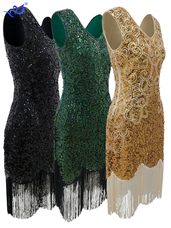 Plesna haljina s šljokicama i franjama, dvostruki V-izrez, mrežasti materijal, vintage pozorišni kostim