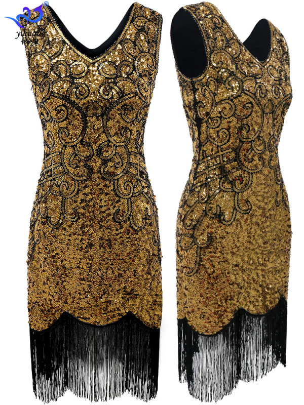 Plesna haljina s šljokicama i franjama, dvostruki V-izrez, mrežasti materijal, vintage pozorišni kostim