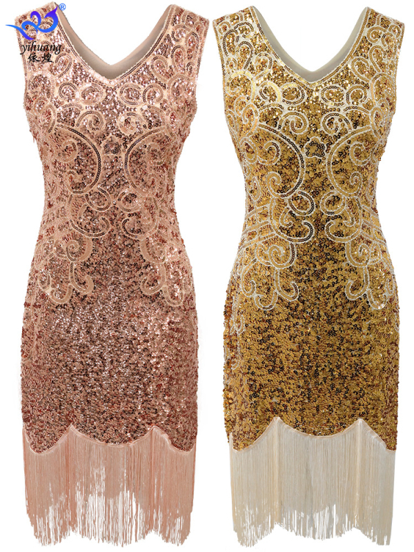 Plesna haljina s šljokicama i franjama, dvostruki V-izrez, mrežasti materijal, vintage pozorišni kostim