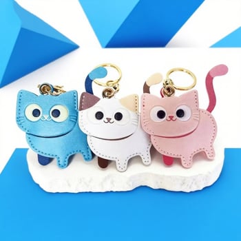 Кожен ключодържател с калъф за Airtag и джоб за карта, сладък дизайн на котенце, висулка за благословение