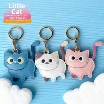 Кожен ключодържател с калъф за Airtag и джоб за карта, сладък дизайн на котенце, висулка за благословение