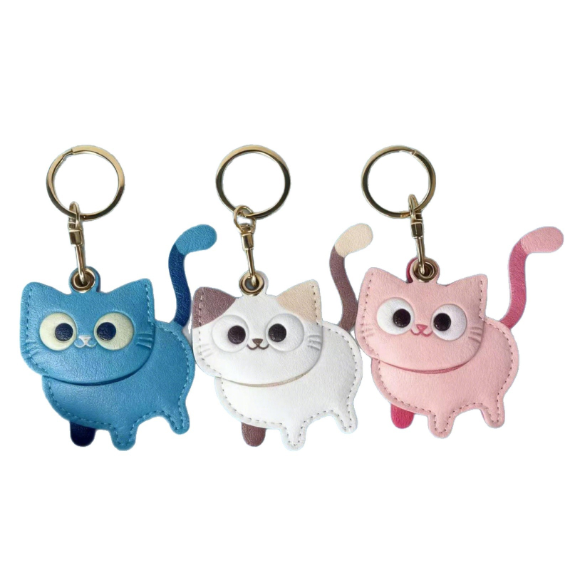 Кожен ключодържател с калъф за Airtag и джоб за карта, сладък дизайн на котенце, висулка за благословение
