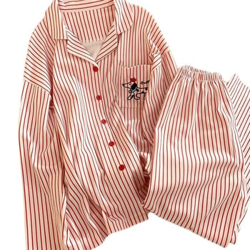Ženski pidžama set – 95–100% pamuk, dvostruko sloj pamuk gaze, dugi rukavi, hlače, rever ovratnik, srednja gustoća 181–200 g/m², crtani stil