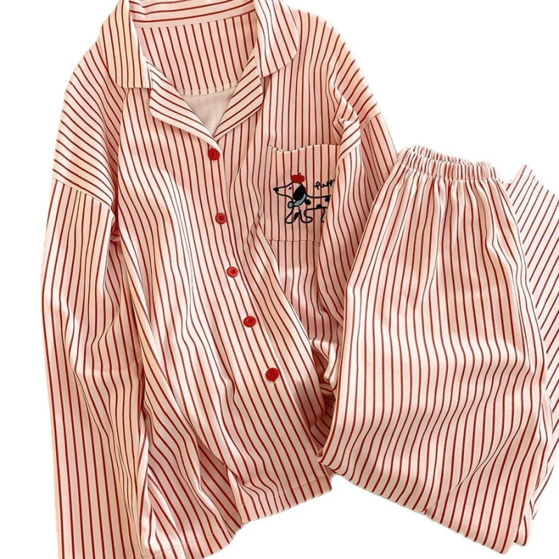 Ženski pidžama set – 95–100% pamuk, dvostruko sloj pamuk gaze, dugi rukavi, hlače, rever ovratnik, srednja gustoća 181–200 g/m², crtani stil