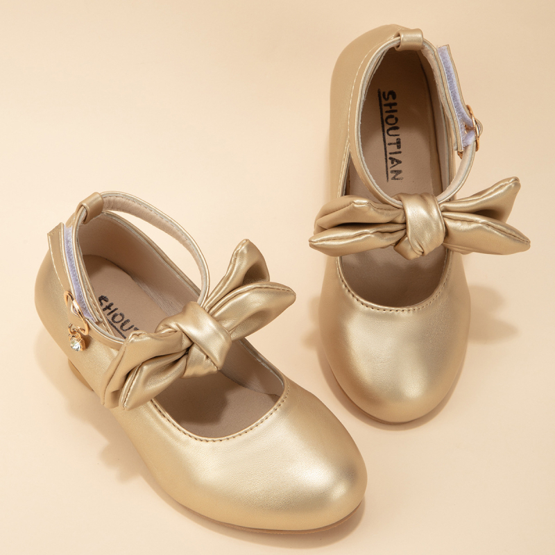 Pantofi cu toc pentru fete, funda în stil prințesă, din PU, gleznă joasă, pentru vârste 4–12 ani, primăvară, vară și toamnă