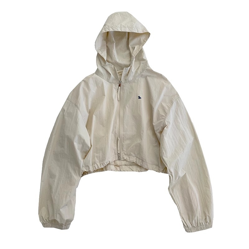 Дамско слънцезащитно яке, тънък полиестер, UPF50+, дълги ръкави, цип отпред, къс стил (40–50 см), лято 2025