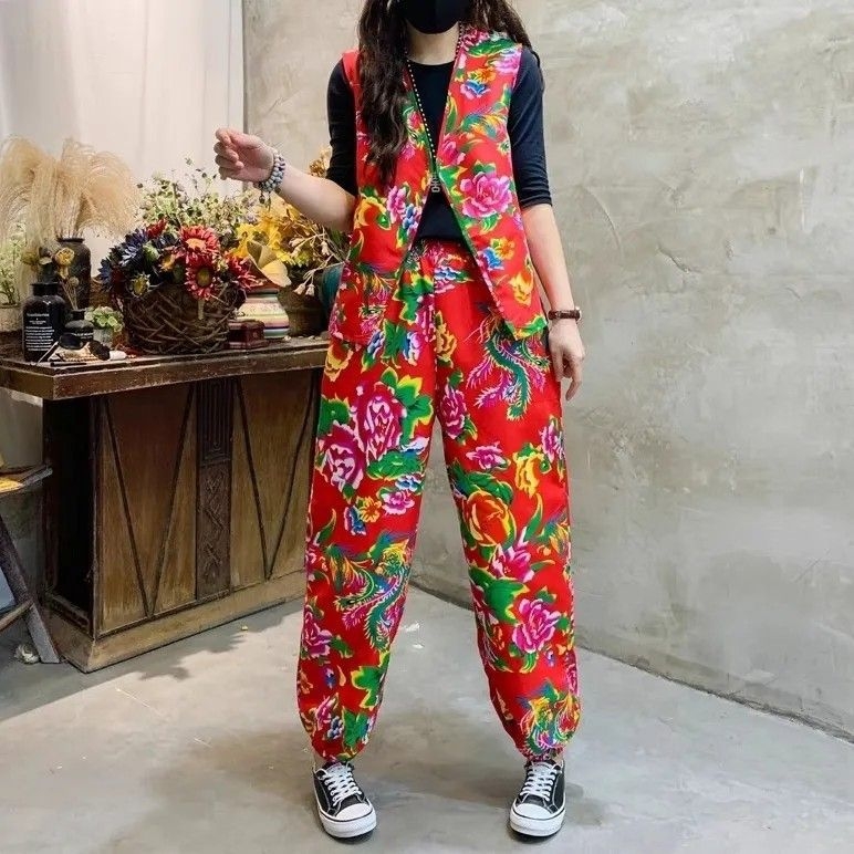 Unisex komplet za square dance tim, Chenille-Spandex tkanina, istočno-nordijski cvjetni motiv, etnički stil, kostim za izvedbu duop bubnjara, udio Spandexa ispod 30%, proljeće 2025