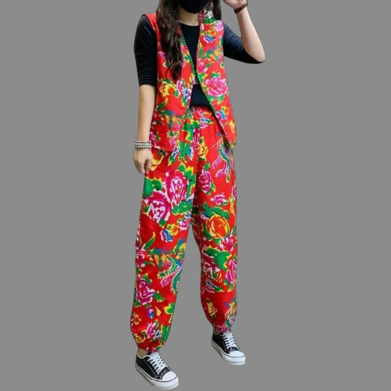 Unisex komplet za square dance tim, Chenille-Spandex tkanina, istočno-nordijski cvjetni motiv, etnički stil, kostim za izvedbu duop bubnjara, udio Spandexa ispod 30%, proljeće 2025