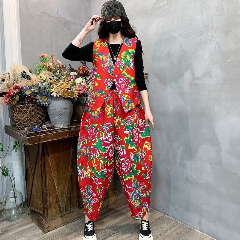 Unisex komplet za square dance tim, Chenille-Spandex tkanina, istočno-nordijski cvjetni motiv, etnički stil, kostim za izvedbu duop bubnjara, udio Spandexa ispod 30%, proljeće 2025