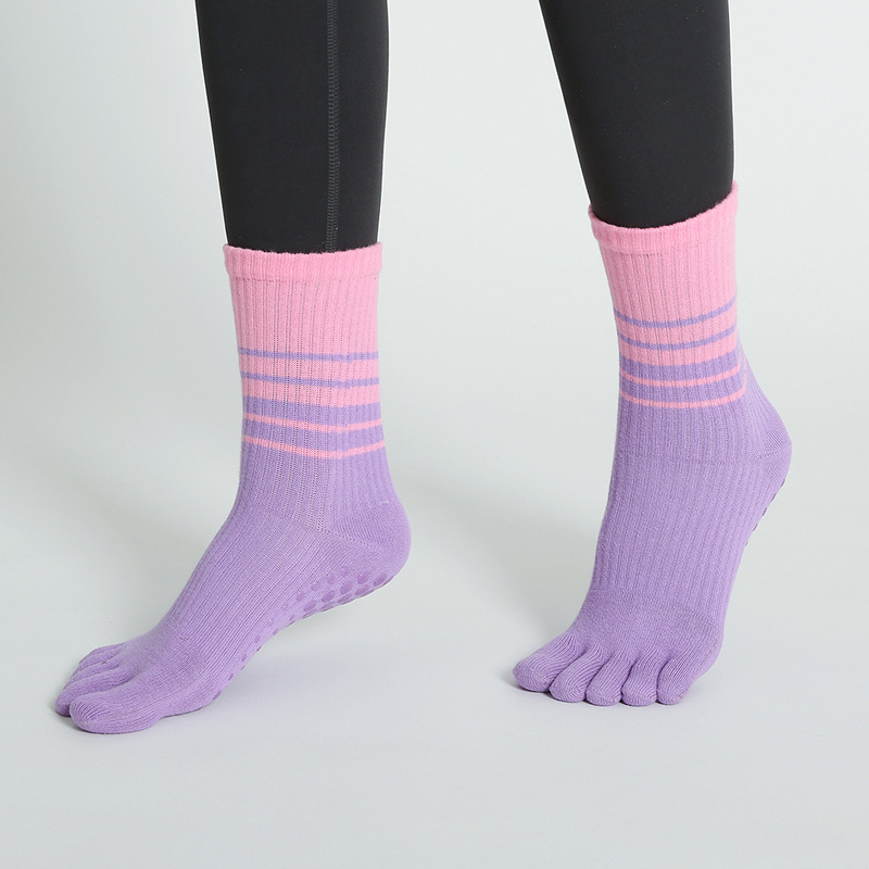 Женски чорапи за йога с пет пръста, до прасците, антихлъзгащи, памук (70–80%), есенно-зимни