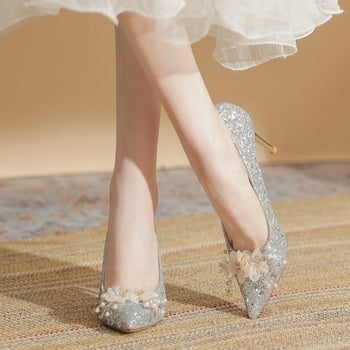 Γαμήλια Παπούτσια – μυτερό δάχτυλο, PU επάνω μέρος, ψηλό τακούνι 6-8 εκ, λεπτό τακούνι, σόλα από καουτσούκ