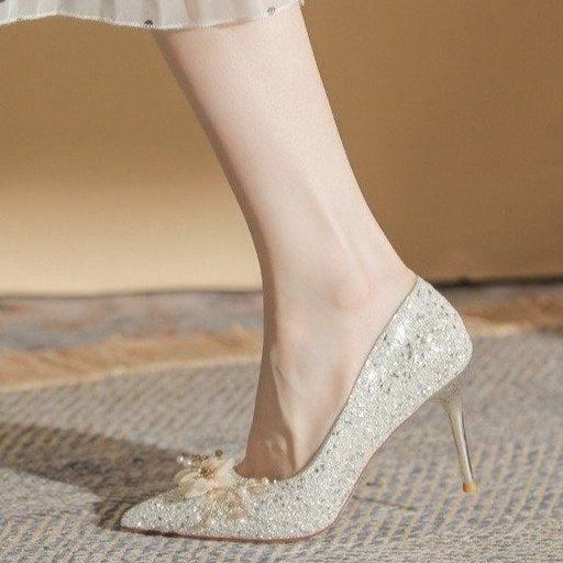 Γαμήλια Παπούτσια – μυτερό δάχτυλο, PU επάνω μέρος, ψηλό τακούνι 6-8 εκ, λεπτό τακούνι, σόλα από καουτσούκ