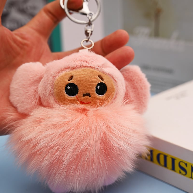 Ключодържател Маймуна с лисича козина, пухкав дизайн, минималистичен стил
