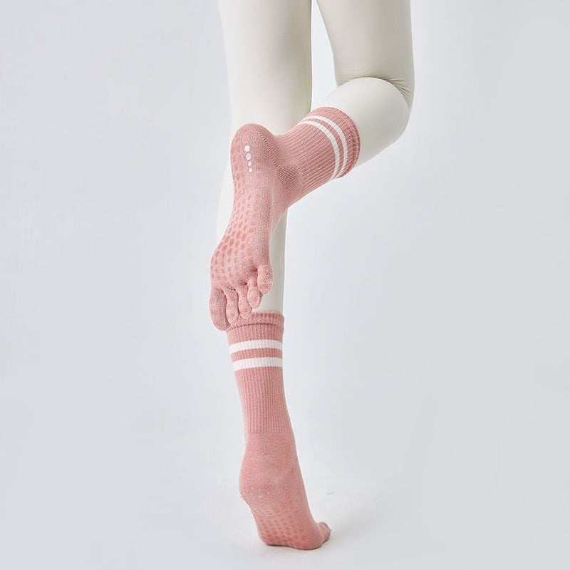 Дамски йога чорапи за пръсти, противохлъзгащи, памучни, висок тръбен маншет, 70–80% памук, абсорбиращи пот и филтър на миризмата, за йога, пилатес и фитнес