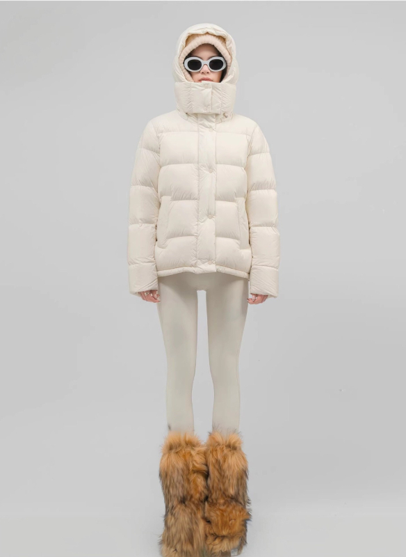 Dámska prešívaná zimná bunda s piatimi štvorcami, výplň z páperia 201–300 g, nylonová tkanina, úzky strih, kapucňa s odnímateľným golierom