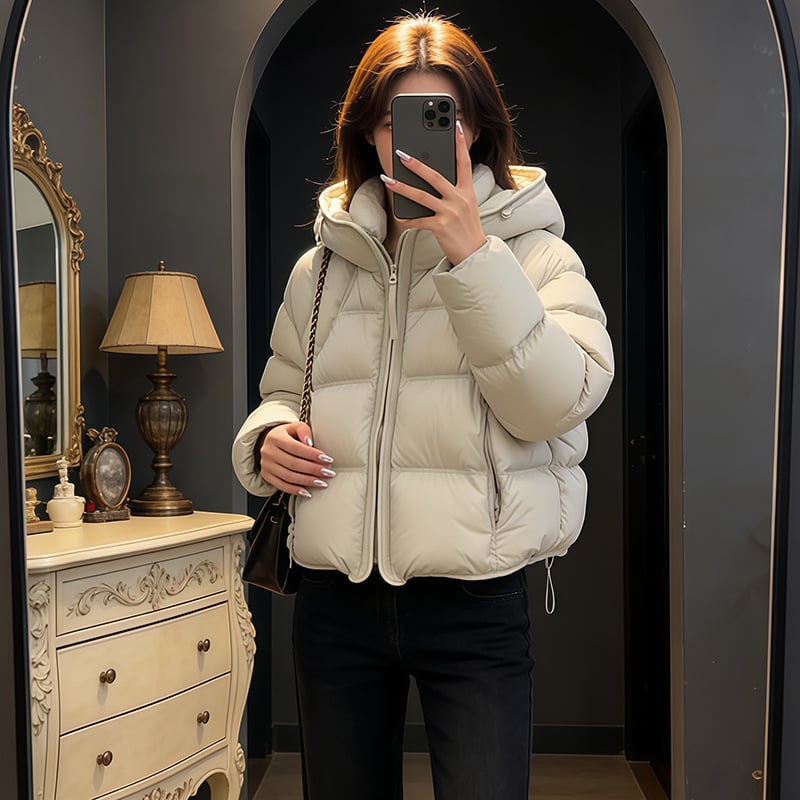 SEVEN TEARS Dámska pérová bunda s kapucňou, Výplň kačací páper 51–55%, Materiál: polyester, Hmotnosť páperia 101–200 g, Elegantný mestský štýl