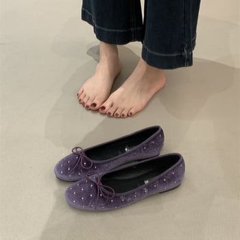 Βελούδινα Mary Jane γυναικεία με κρυστάλλους, στρογγύλη μύτη, χαμηλό τακούνι, slip-on, ριγέ σχέδιο